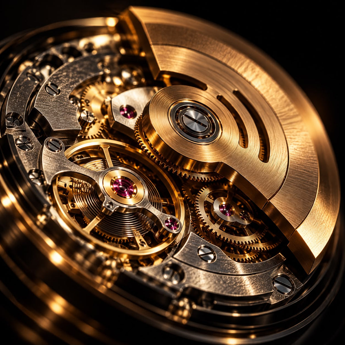 Mouvement de montre automatique et son rotor, vus en gros plan