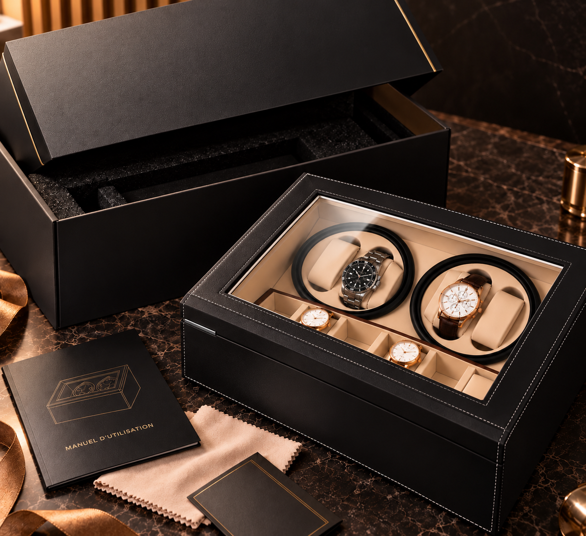 Coffret remontoir Rotalis en cuir PU noir, fermé