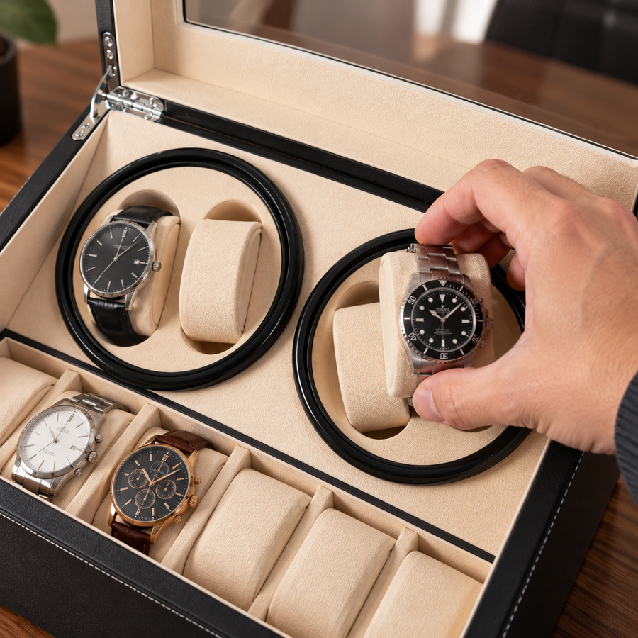 Écrin remontoir Rotalis ouvert, 4 montres en rotation
