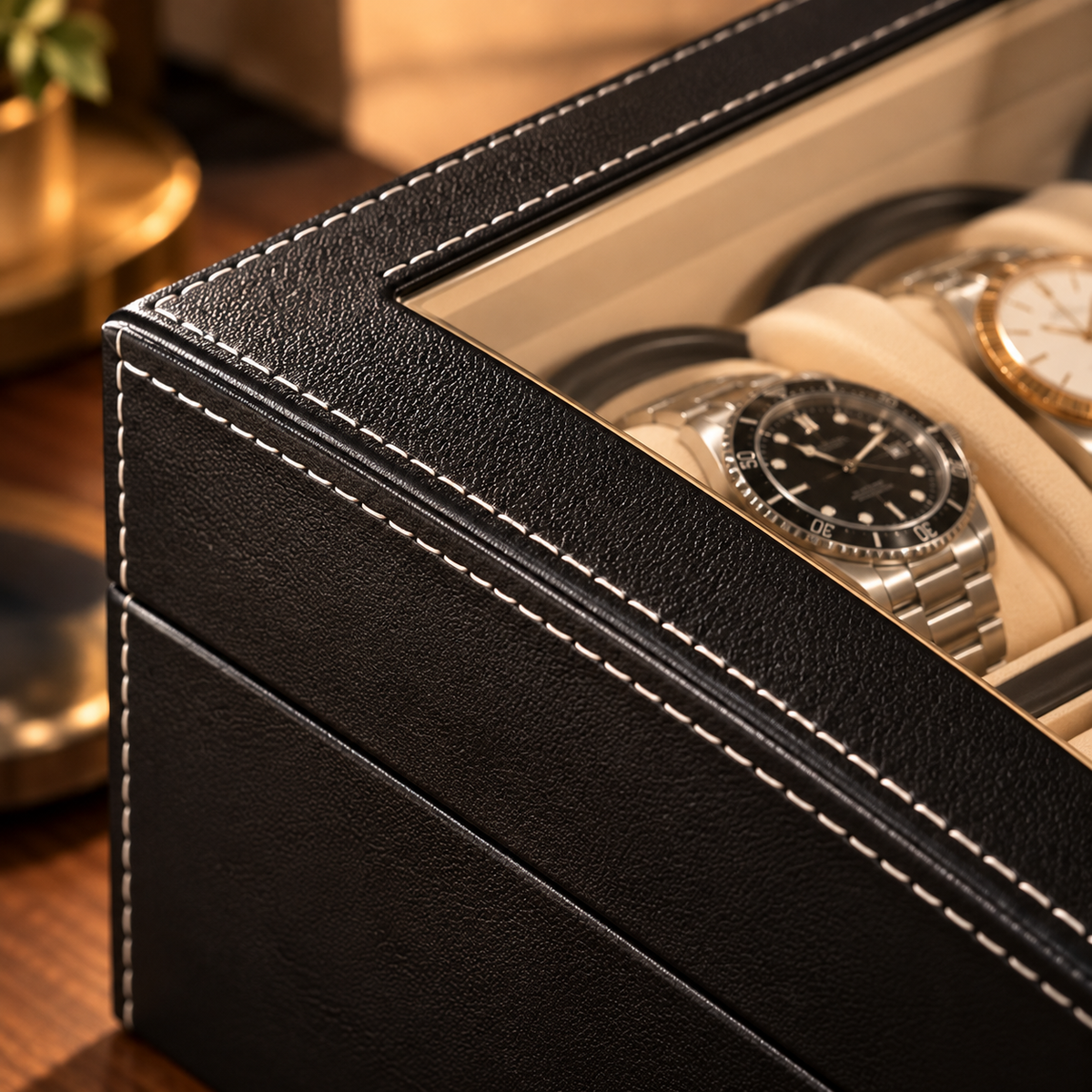 Écrin à montres Rotalis en cuir PU noir à coutures blanches