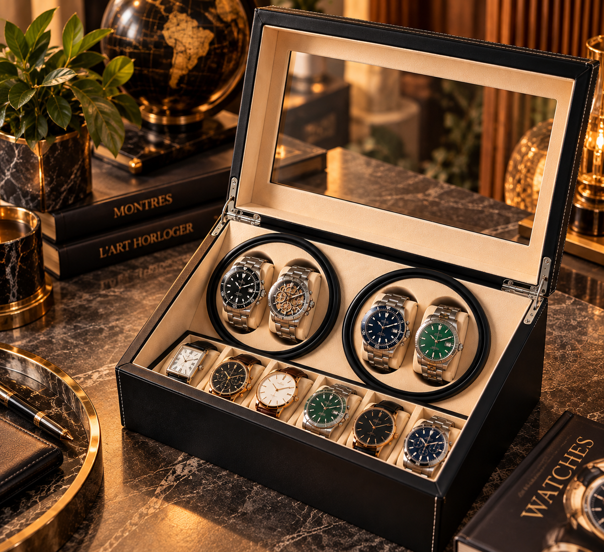 Écrin remontoir Rotalis en cuir PU noir avec montres automatiques
