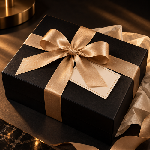 Emballage cadeau Chronéa : boîte noire, ruban doré et carte message